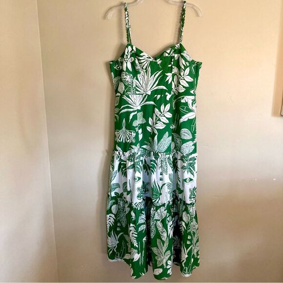 NEW FARM Rio Forest Soul Mix Midi Dress Tropical Green White Tiered Size XL - Picture 8 of 16